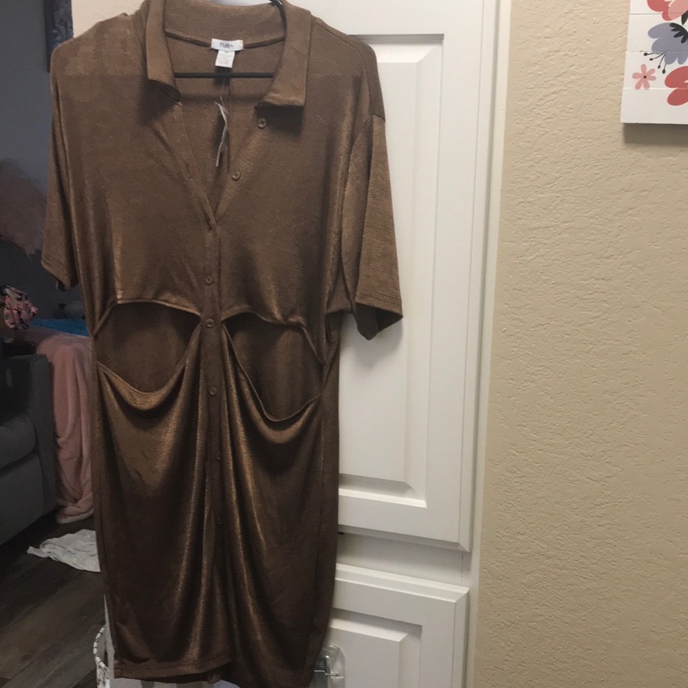 Rue 21+ Bronze Shimmer button down dress with exposed midriff NWT